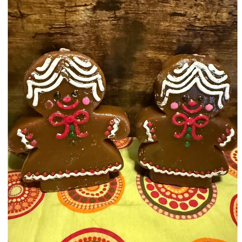 Vintage Style Gingerbread Girl Christmas Candles Set of 2 Brown Wax Holiday Deco